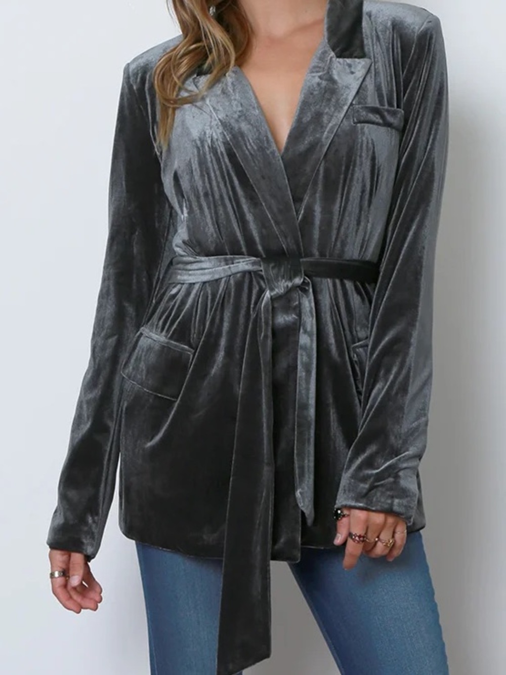 Lush Silver-Gray Velvet Tie-Waist Blazer